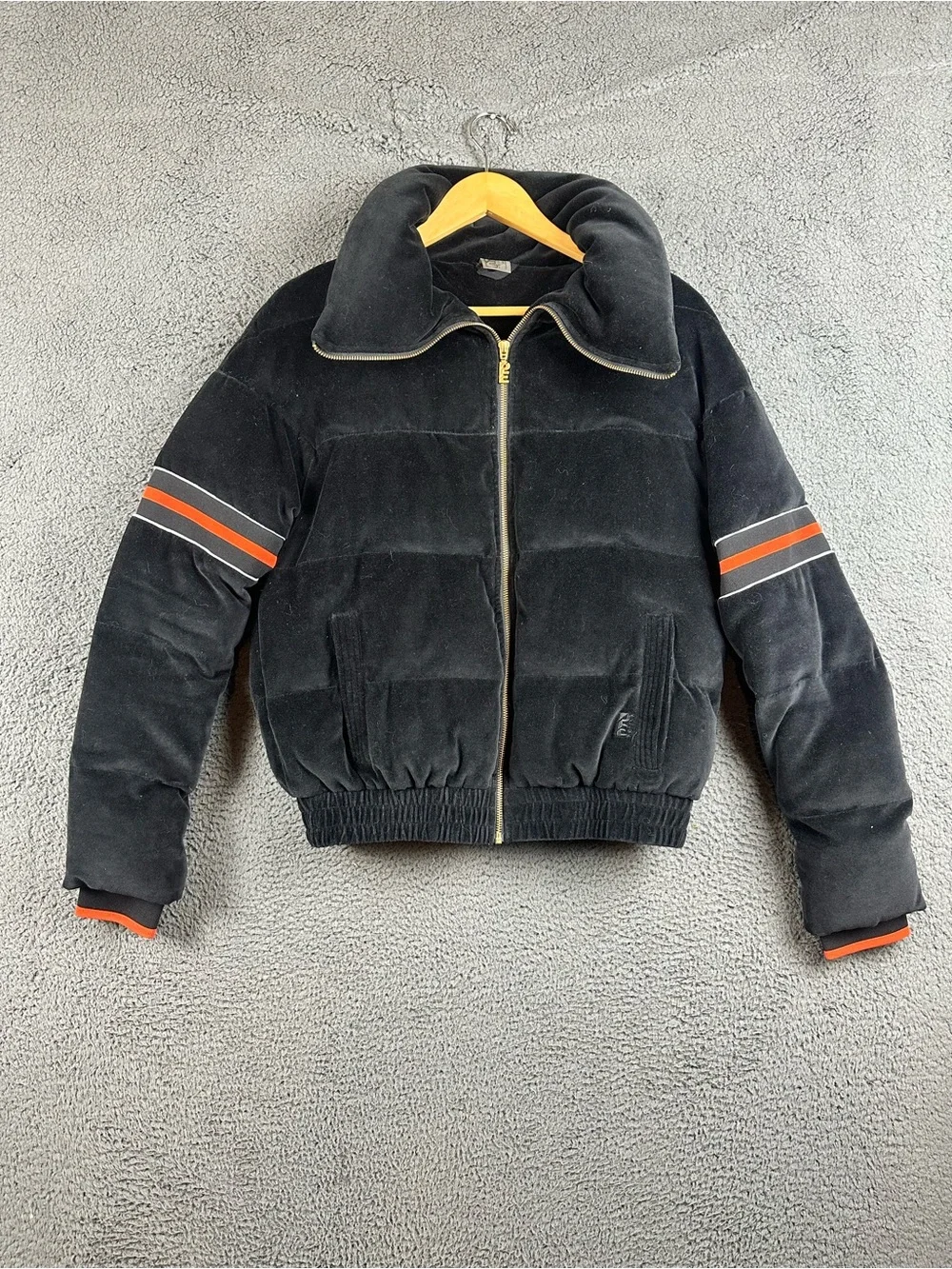 PE Nation Women Black Velvet Puffer Jacket Racing Stripe Funnel Neck Small
